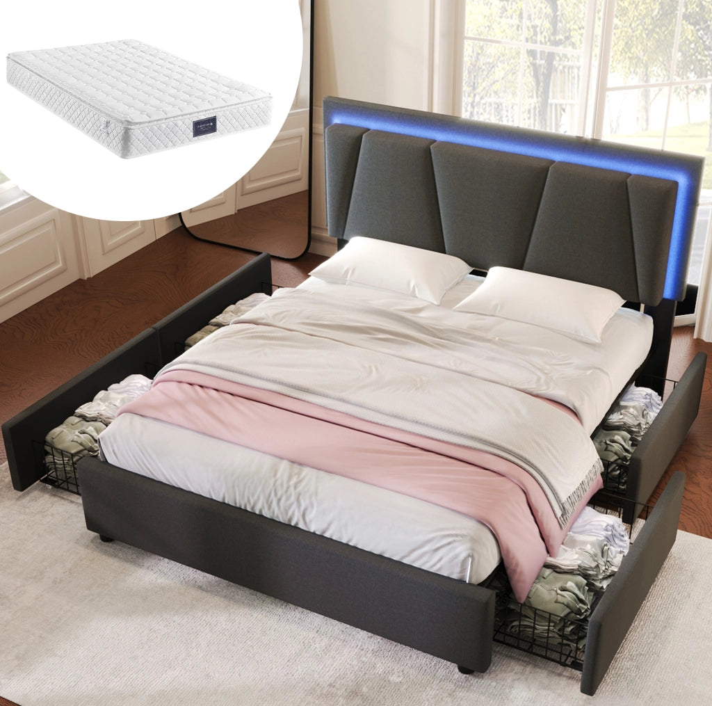 Letto matrimoniale 160x200 cm con contenitore; testiera regolabile; LED e 4 cassetti; grigio