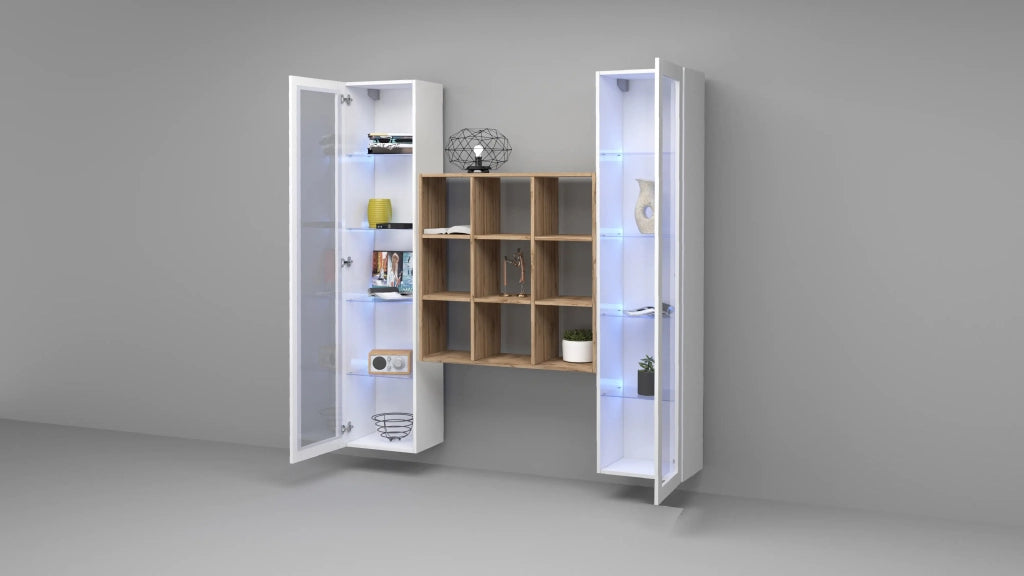 Parete attrezzata sospesa libreria in legno 2 vetrine bianche Vila WH