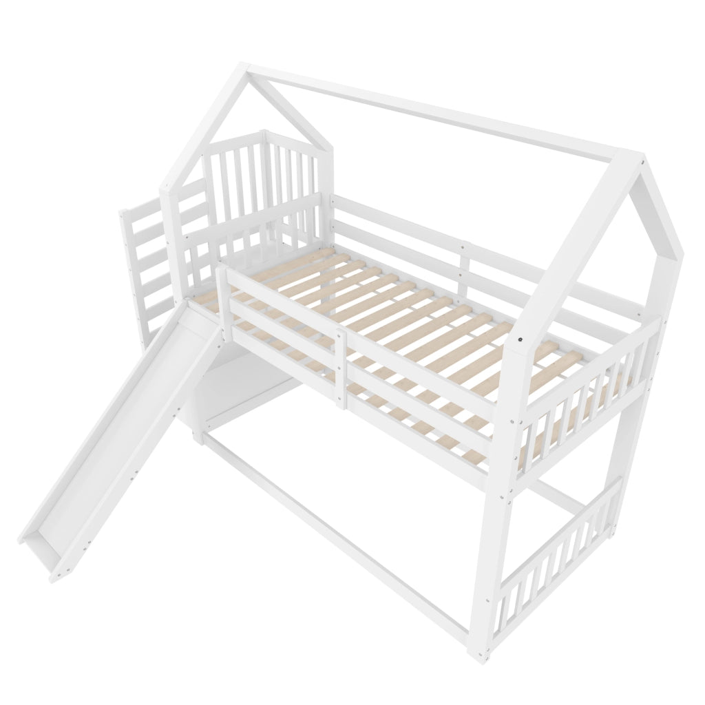 OKWISH Letto a Castello a Casetta 90×200 cm, Letto Singolo con Scala con Contenitore, Scivolo e Sponda, senza Materasso, Bianco