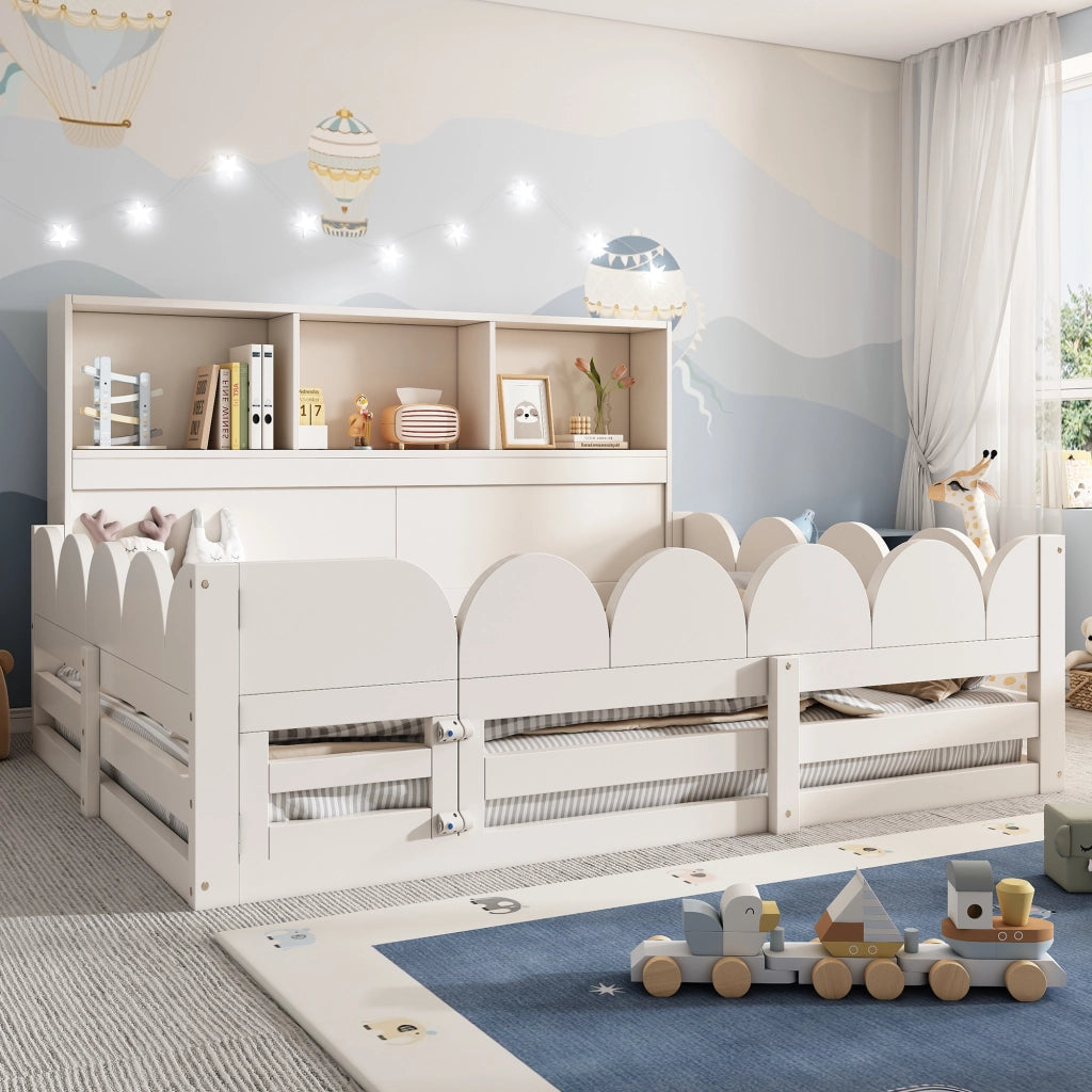 Letto per bambini a pavimento 140 × 190 cm con barriera, porta e ripiano, senza materasso, bianco