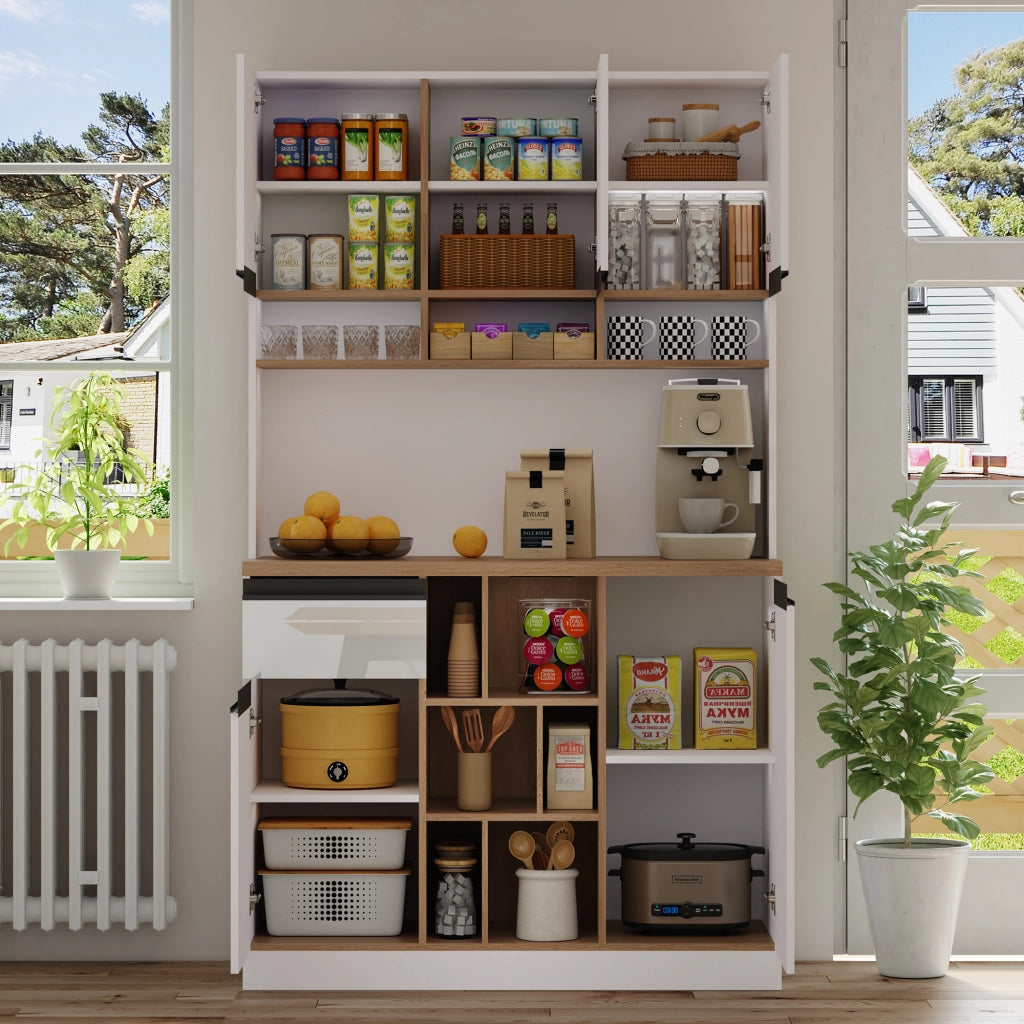 Credenza e madia bianca lucida con 1 cassetto, ripiani regolabili e vani aperti per cucina e soggiorno 105 × 45 × 185 cm