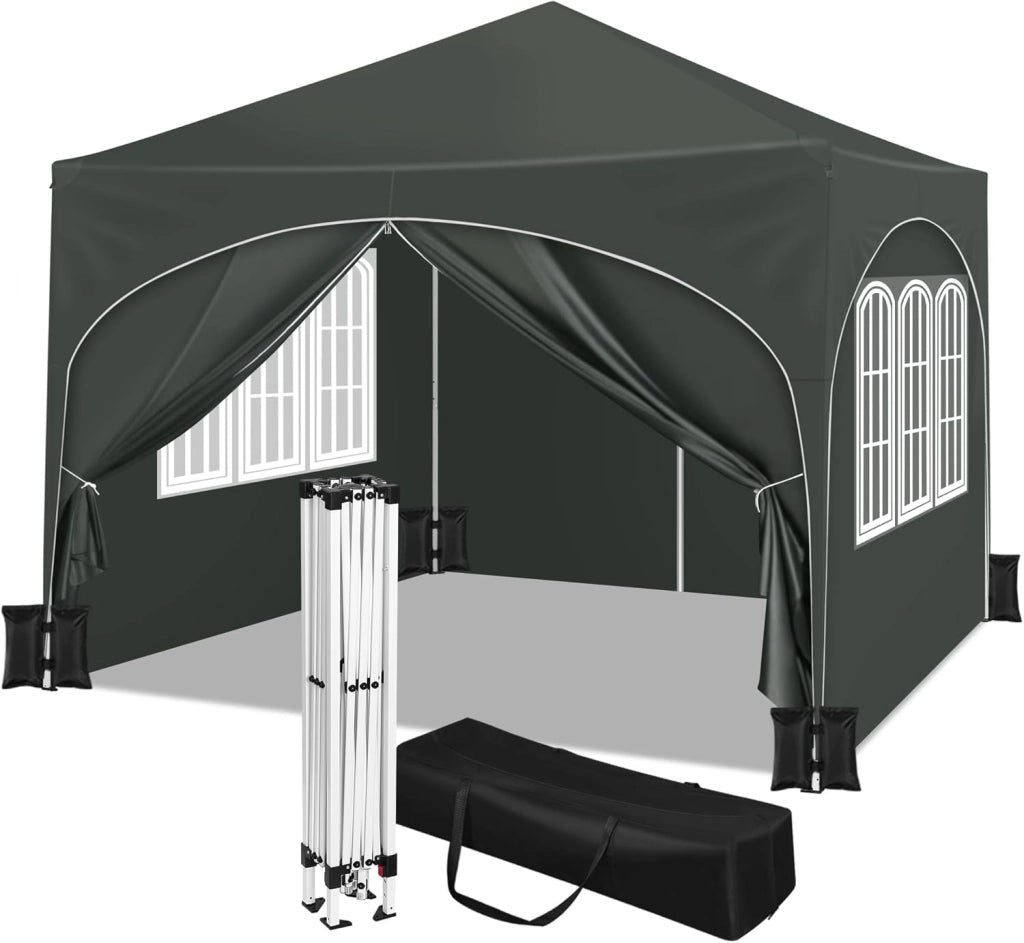 Gazebo da Giardino Richiudibile 3x3m con Pannelli Laterali,Gazebo da Esterno in Ferro Regolabile in Altezza Tendone con Soffitto Semicircolare Pieghevole,Set di 4 Sacchi di Sabbia,Grigio