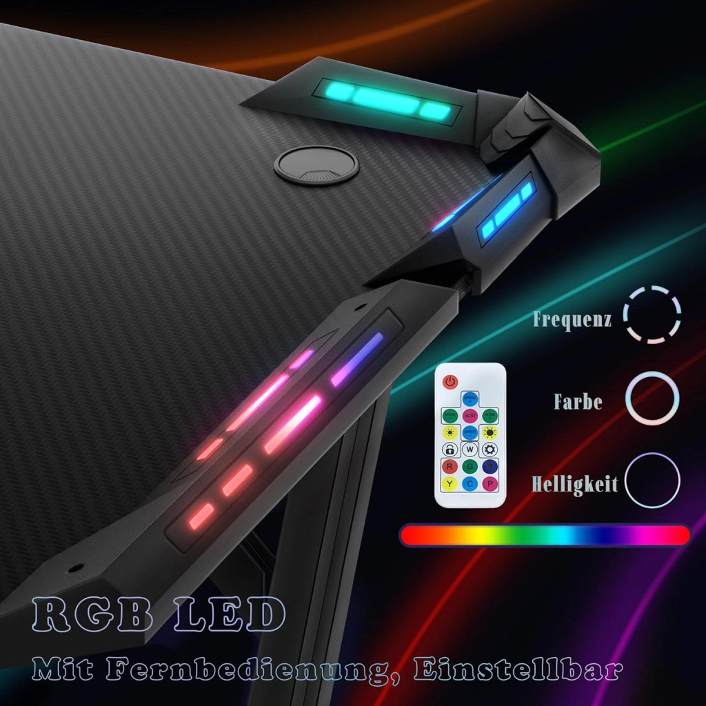 Tavolo da gioco con LED, 140 x 60 cm, scrivania per computer con superficie in fibra di carbonio, scrivania da ufficio, tavolo con gancio per cuffie e porta bevande, nero