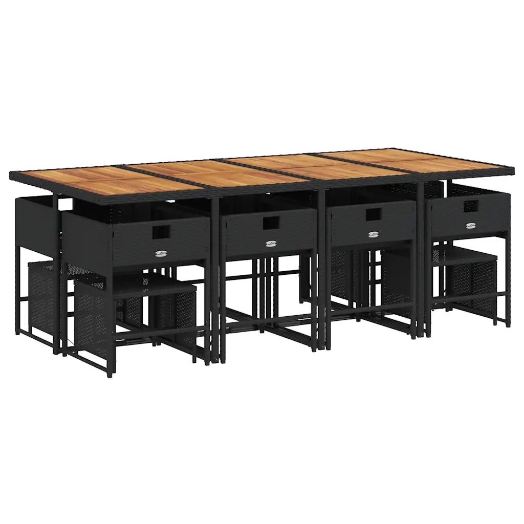 Set da Pranzo da Giardino 13pz con Cuscini Nero in Polyrattan