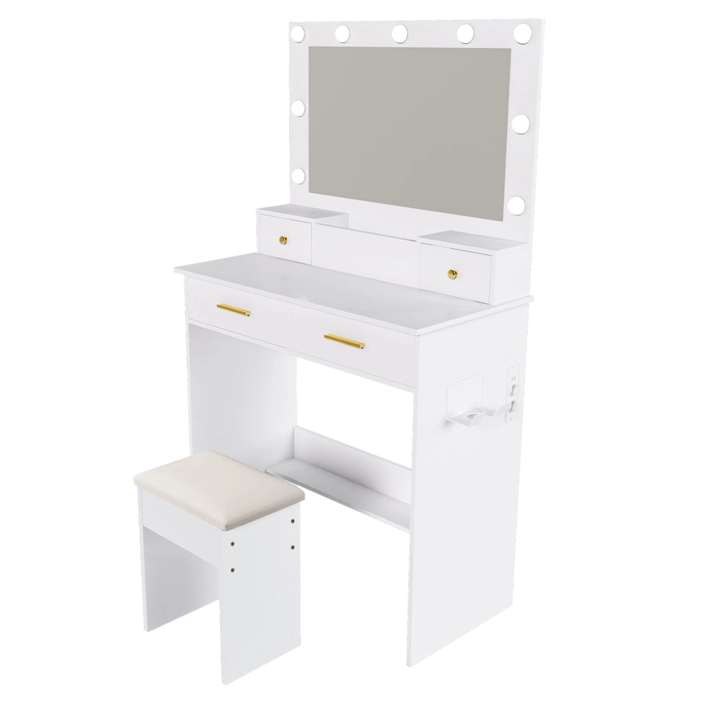 Tavolo trucco con LED; presa integrata; porta asciugacapelli e sgabello imbottito; MDF bianco