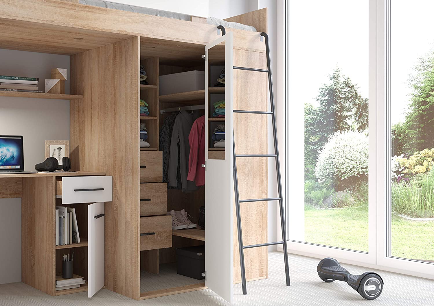 LETTO ARMADIO SCRIVANIA LIBRERIA  BAMBINI VERANA P H190x120x236cm BIANCO ROVERE