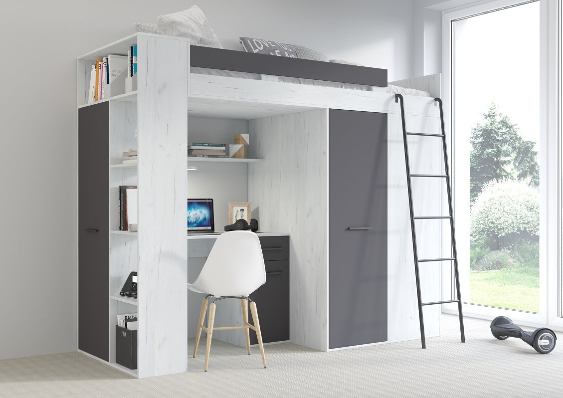 LETTO ARMADIO SCRIVANIA LIBRERIA  BAMBINI VERANA P H190x120x236cm BIANCO GRAPHITE