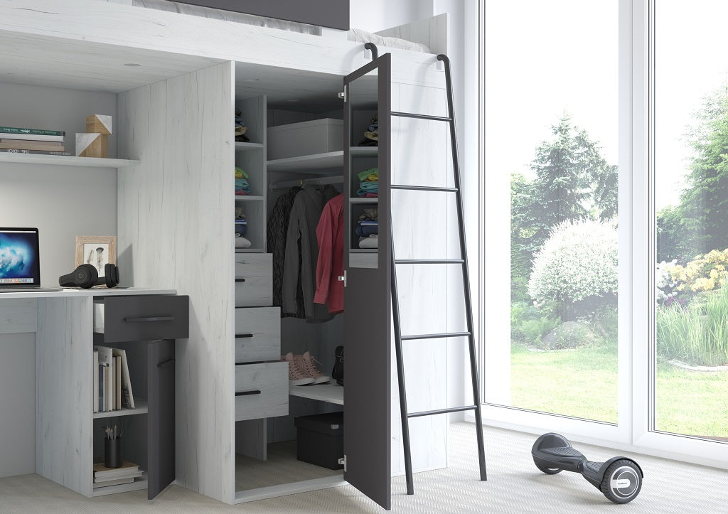 LETTO ARMADIO SCRIVANIA LIBRERIA  BAMBINI VERANA P H190x120x236cm BIANCO GRAPHITE