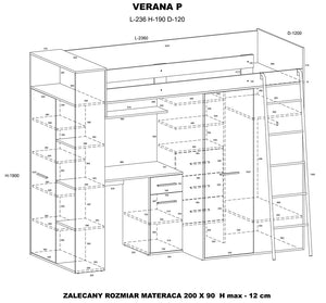 LETTO ARMADIO SCRIVANIA LIBRERIA  BAMBINI VERANA P H190x120x236cm BIANCO GRAPHITE