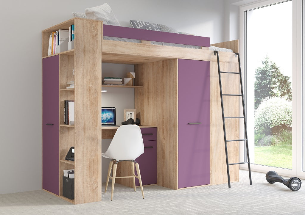 LETTO ARMADIO SCRIVANIA LIBRERIA  BAMBINI VERANA P H190x120x236cm LAVANDA ROVERE