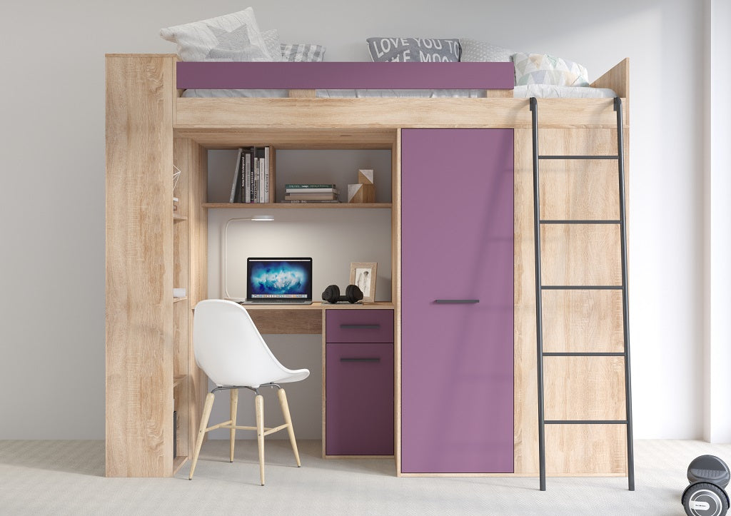 LETTO ARMADIO SCRIVANIA LIBRERIA  BAMBINI VERANA P H190x120x236cm LAVANDA ROVERE