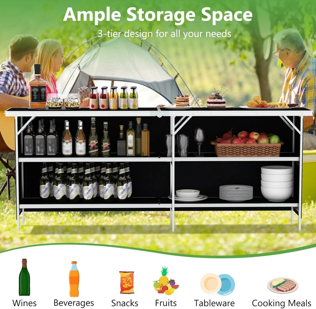 Tavolo da campeggio pieghevole con 2 ripiani, tavolo da picnic con struttura in lega di alluminio, 206 x 38 cm, schermo in tessuto Oxford, borsa da trasporto, per barbecue e campeggio