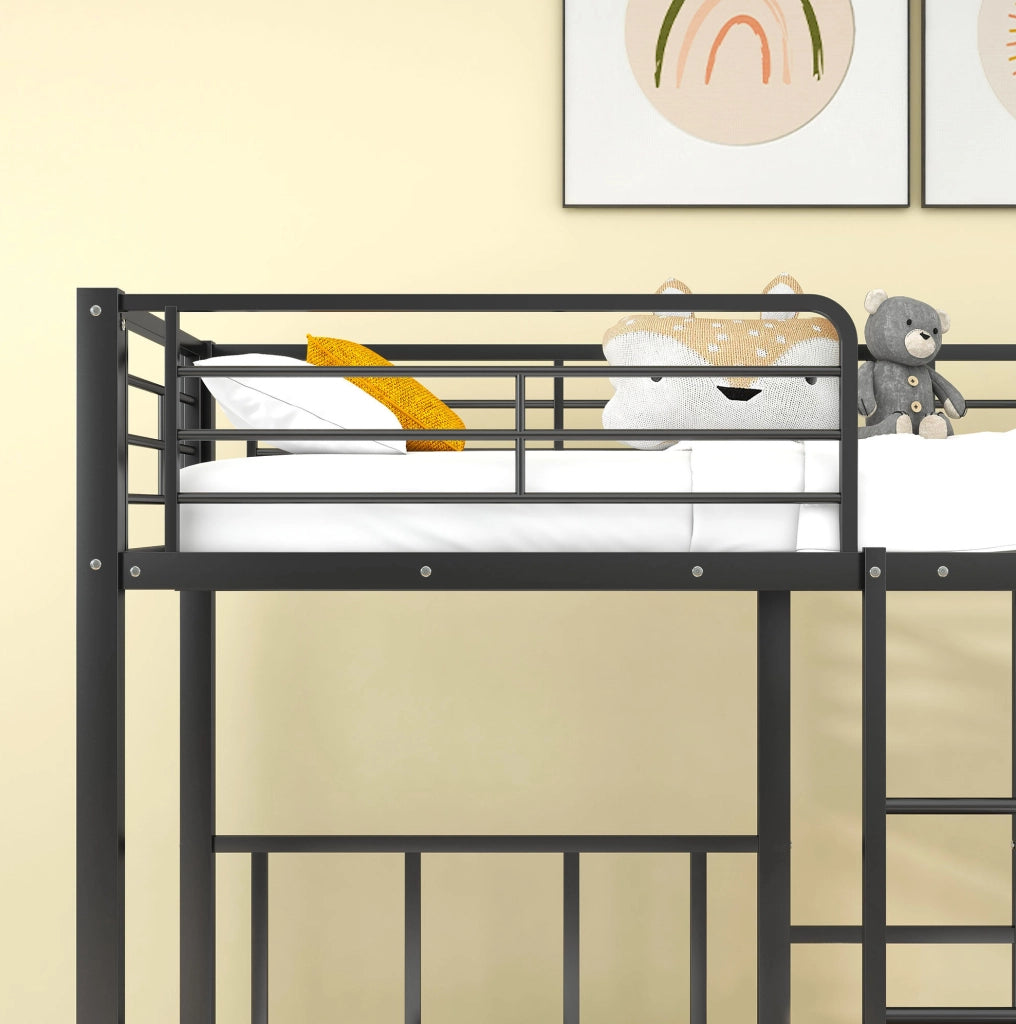 Letto a castello triplo in metallo con scala e tavolo; nero; per materassi 90x200 cm