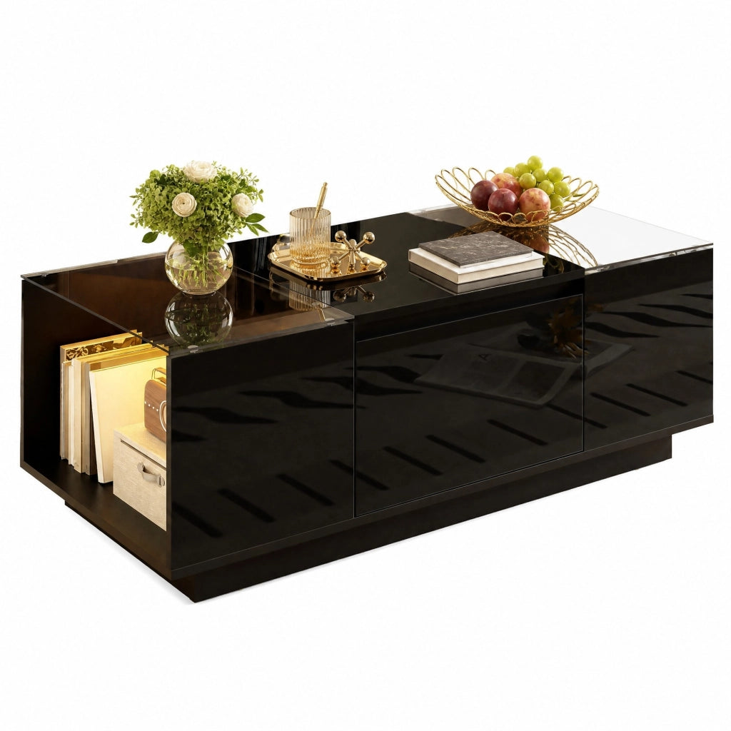 Tavolino da caff猫 con LED Bluetooth; 2 cassetti e vetro temperato; 105x50x35 cm nero