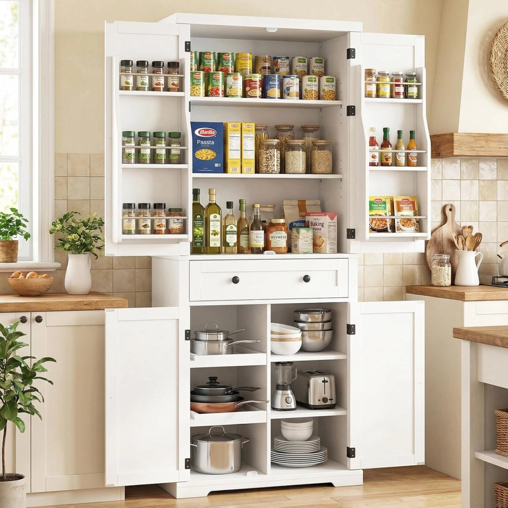 Armadio Alto 184 cm con 4 Ante, Cassetto e Ripiani Regolabili, Mobile Buffet con Scaffale Multiuso, Ideale per Cucina e Soggiorno, 77 x 40 x 184 cm