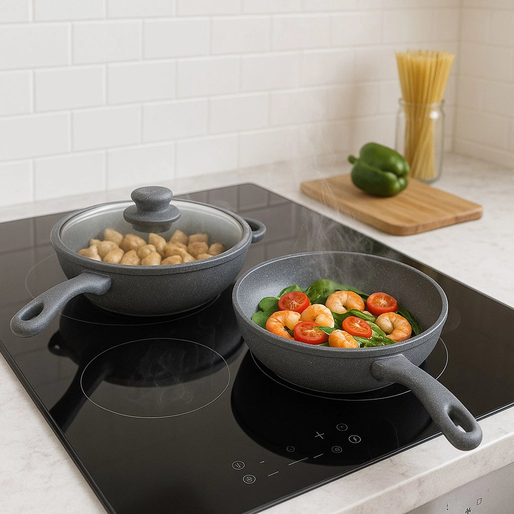 Set Padelle Induzione Pietra Antiaderenti 20/24/28 cm con Coperchi in Vetro Grigio