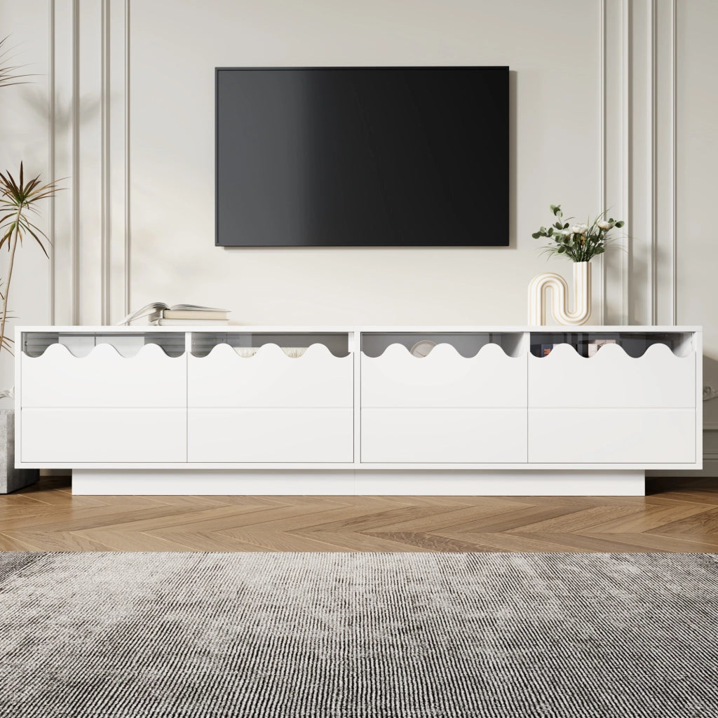 Mobile TV con 4 Ante e Ripiani in Vetro Temperato; Design Ondulato Moderno; 170??40??45 cm; in MDF; Bianco