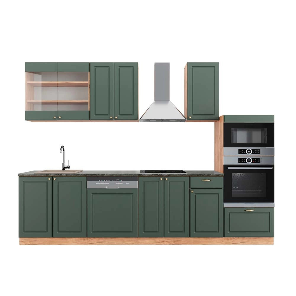 Cucina componibile Fame-Line Verde-oro rustico/Rovere dorato 300 cm con armadio alto, PL Antracite Vicco