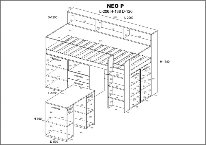 LETTO ARMADIO CASSETTIERE  BAMBINI NEO cm206x120x138h BIANCO GRAPHITE