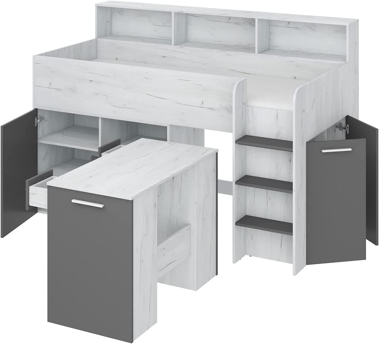 LETTO ARMADIO CASSETTIERE  BAMBINI NEO cm206x120x138h BIANCO GRAPHITE