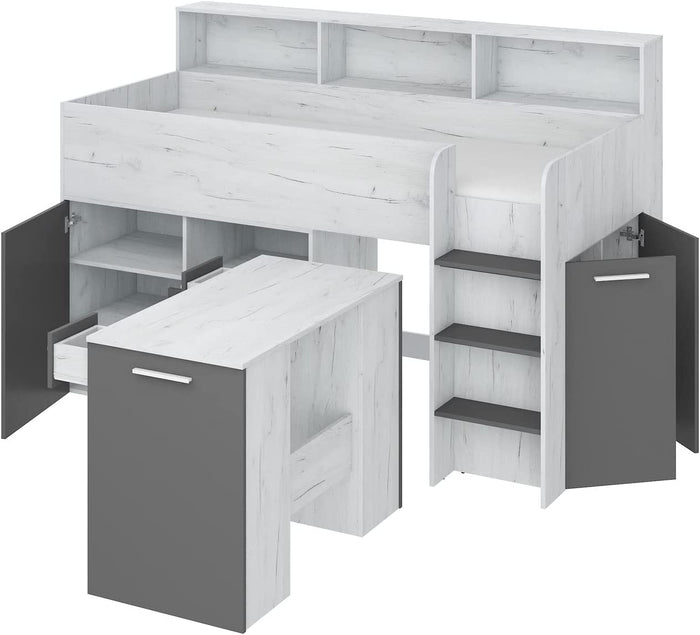 LETTO ARMADIO CASSETTIERE  BAMBINI NEO cm206x120x138h BIANCO GRAPHITE