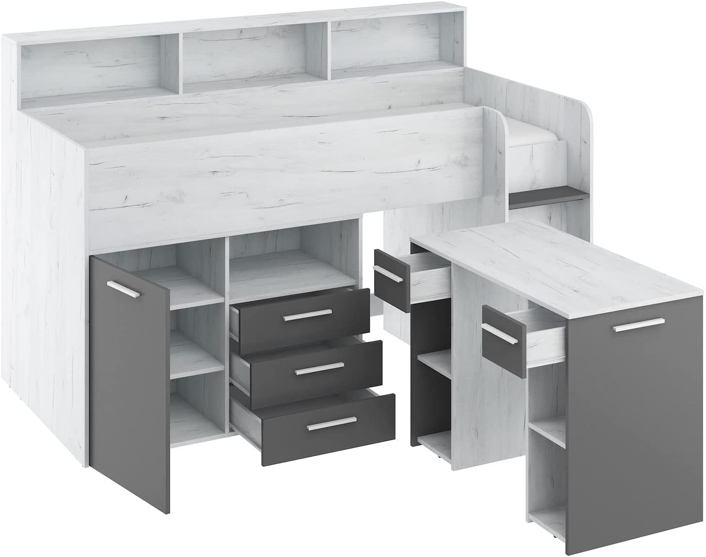 LETTO ARMADIO CASSETTIERE  BAMBINI NEO cm206x120x138h BIANCO GRAPHITE