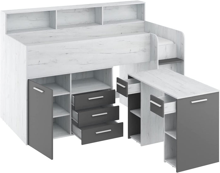 LETTO ARMADIO CASSETTIERE  BAMBINI NEO cm206x120x138h BIANCO GRAPHITE