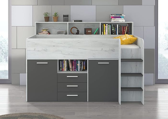 LETTO ARMADIO CASSETTIERE  BAMBINI NEO cm206x120x138h BIANCO GRAPHITE