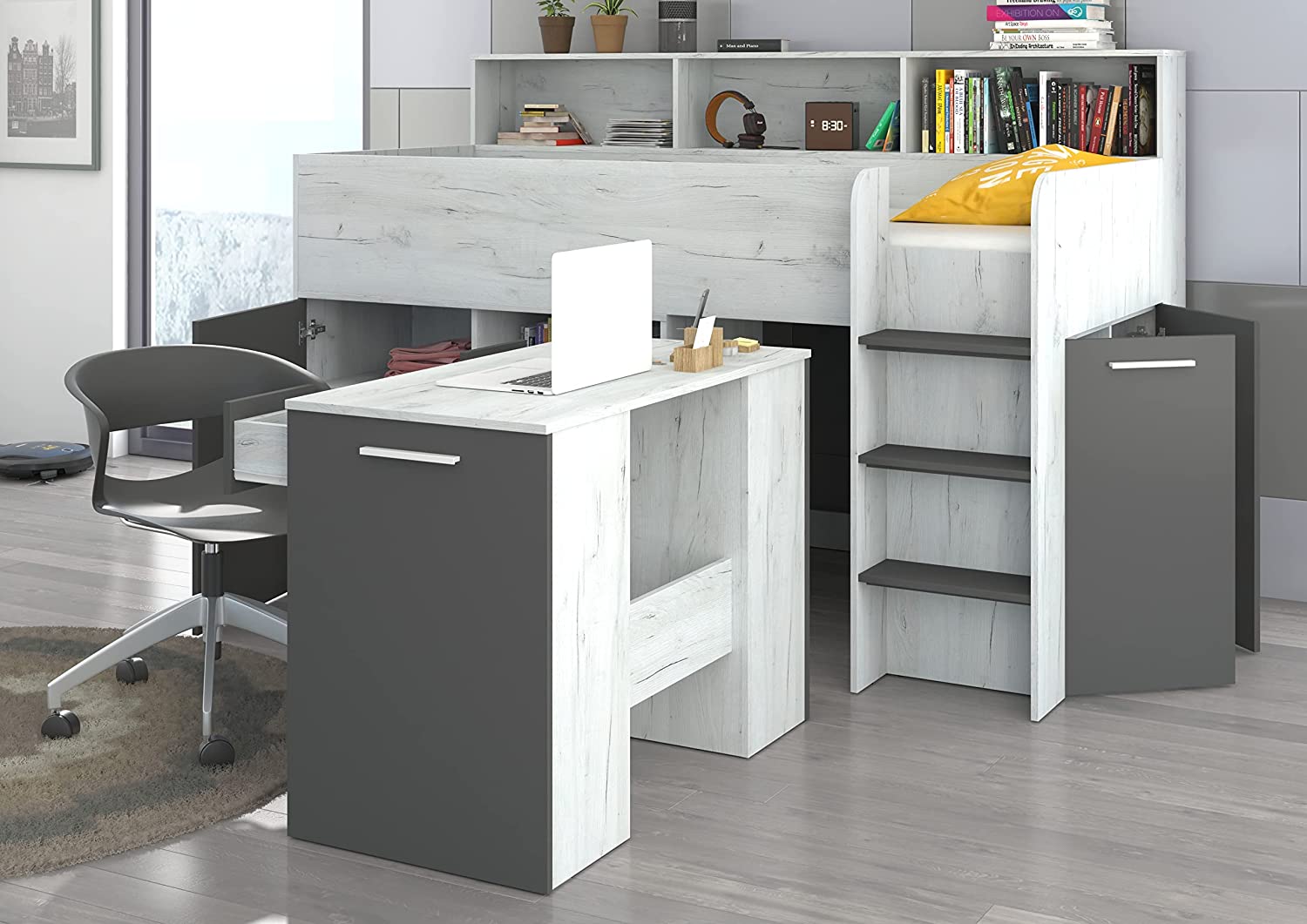 LETTO ARMADIO CASSETTIERE  BAMBINI NEO cm206x120x138h BIANCO GRAPHITE