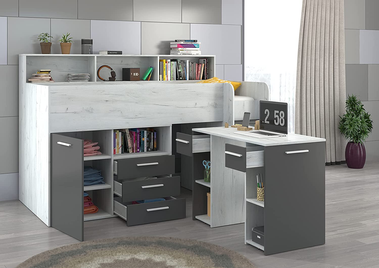 LETTO ARMADIO CASSETTIERE  BAMBINI NEO cm206x120x138h BIANCO GRAPHITE