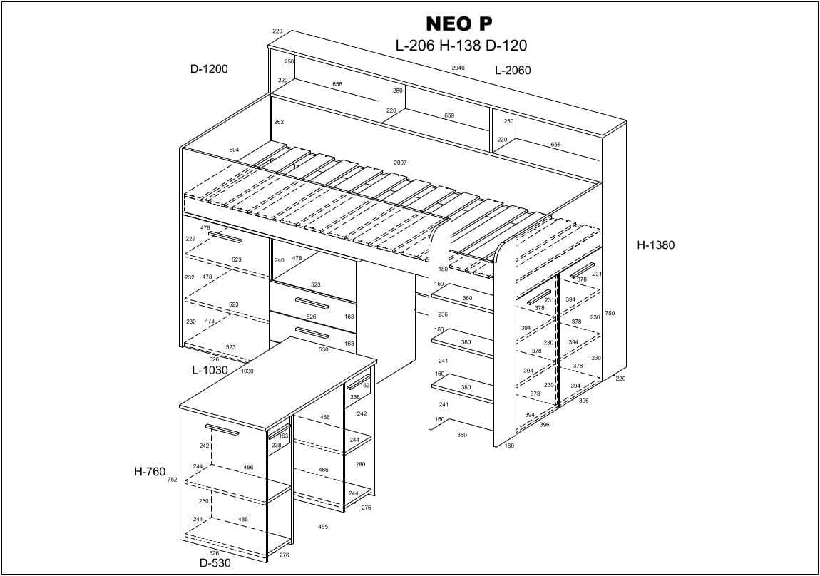 LETTO ARMADIO CASSETTIERE  BAMBINI NEO cm206x120x138h BIANCO LAVANDA