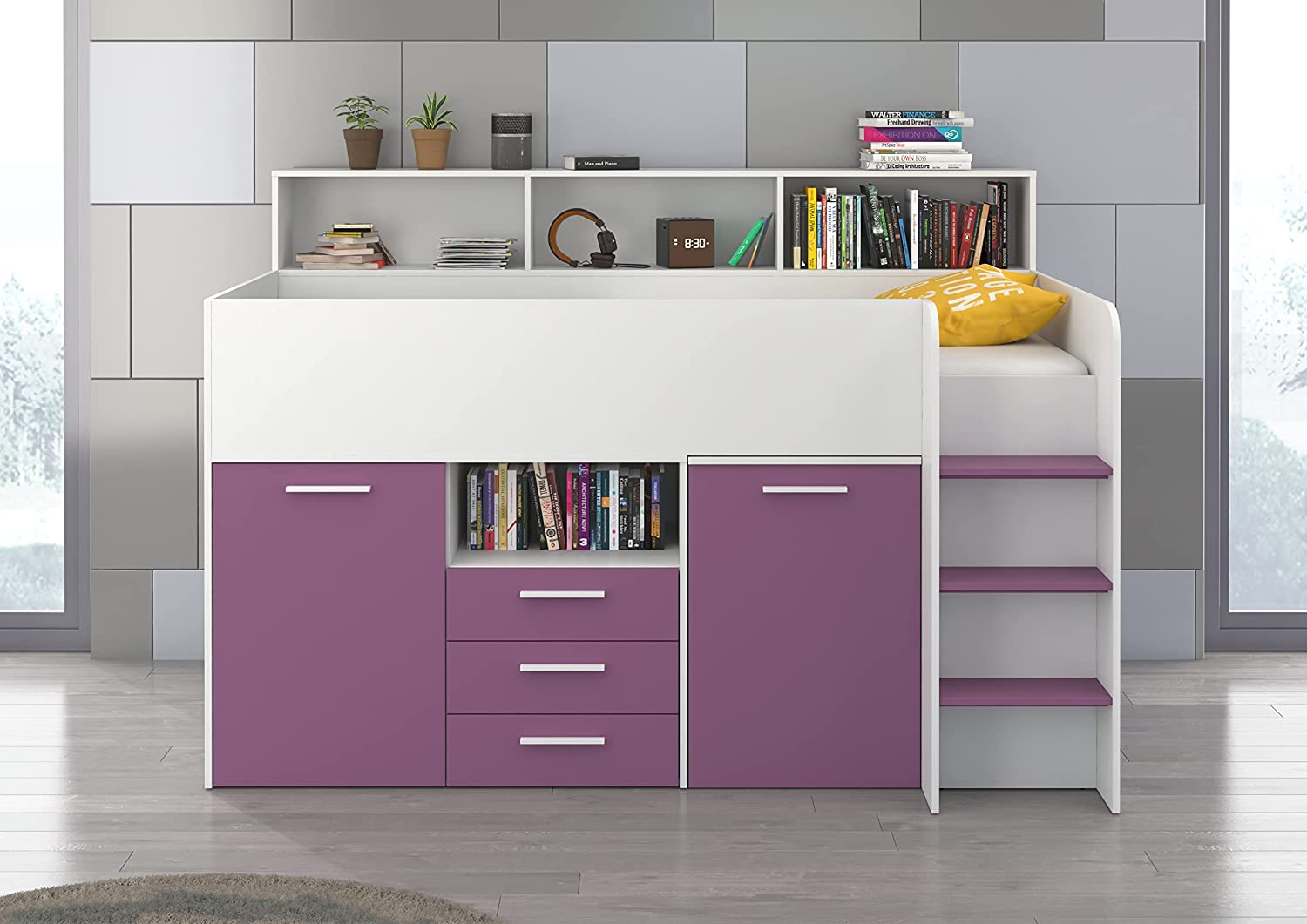 LETTO ARMADIO CASSETTIERE  BAMBINI NEO cm206x120x138h BIANCO LAVANDA