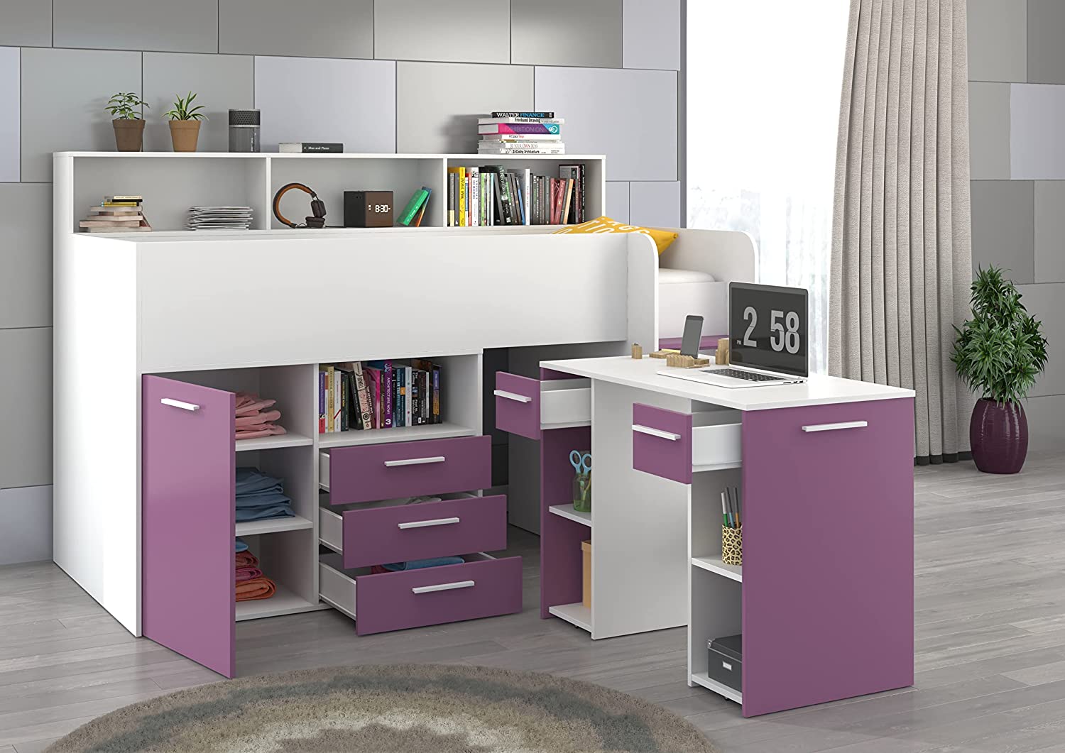 LETTO ARMADIO CASSETTIERE  BAMBINI NEO cm206x120x138h BIANCO LAVANDA