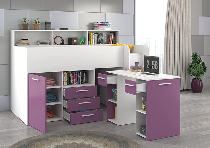 LETTO ARMADIO CASSETTIERE  BAMBINI NEO cm206x120x138h BIANCO LAVANDA