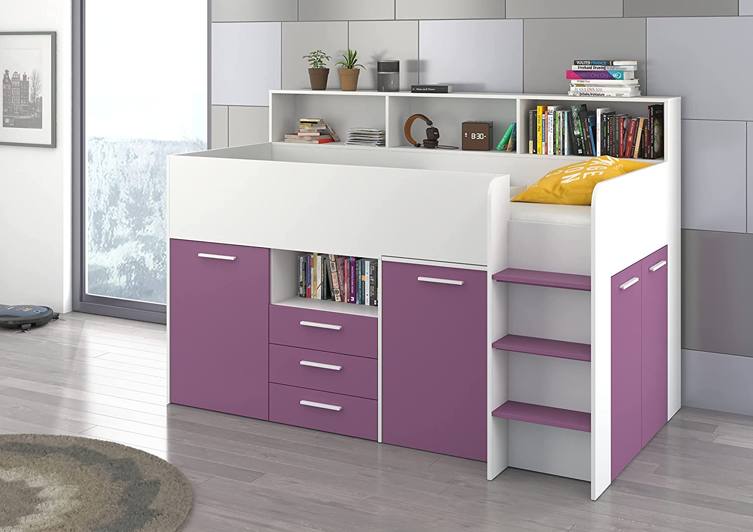 LETTO ARMADIO CASSETTIERE  BAMBINI NEO cm206x120x138h BIANCO LAVANDA