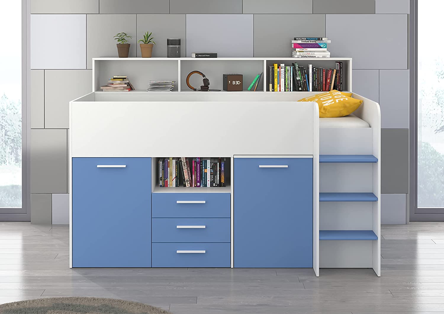 LETTO ARMADIO CASSETTIERE  BAMBINI NEO cm206x120x138h BIANCO BLU