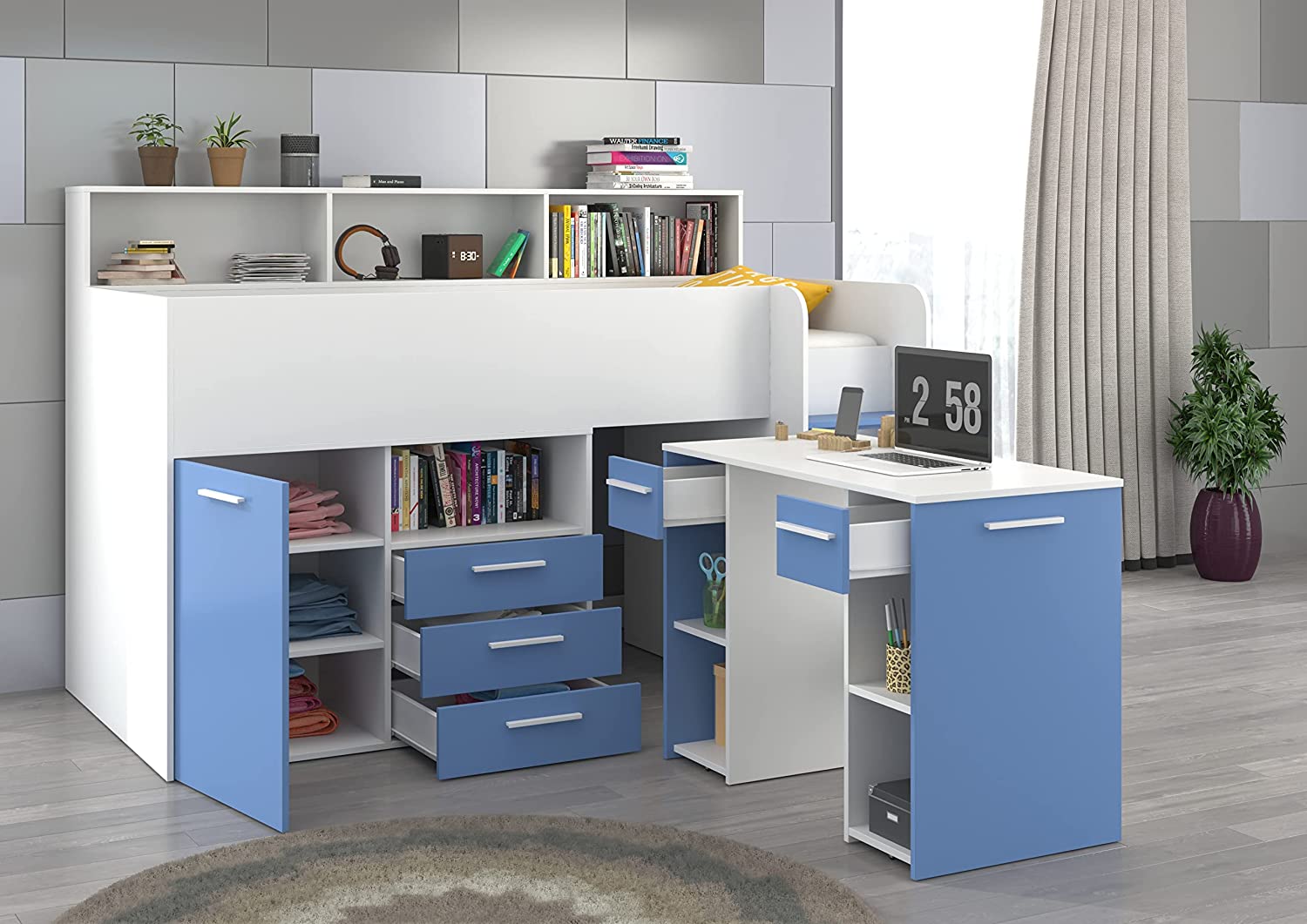 LETTO ARMADIO CASSETTIERE  BAMBINI NEO cm206x120x138h BIANCO BLU