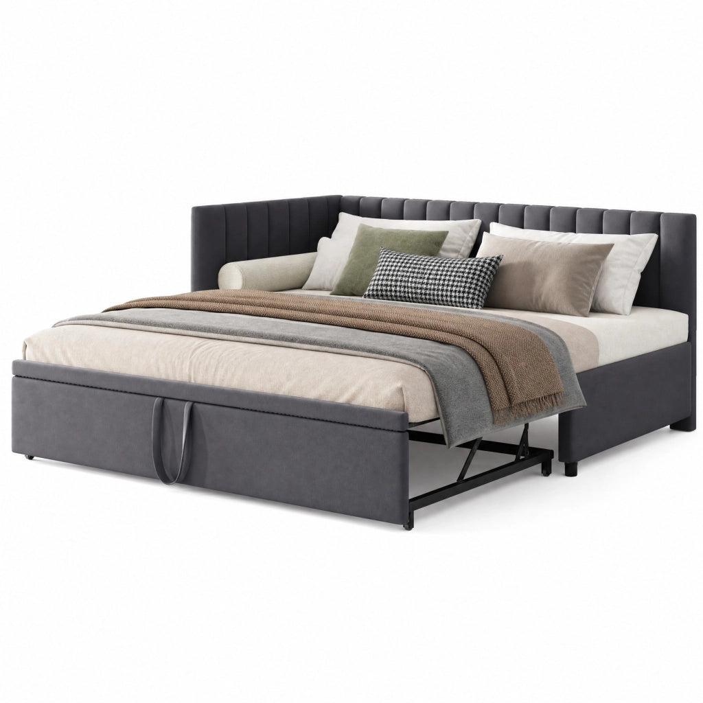 Divano letto angolare multifunzione 90x200 cm con letto estraibile; in velluto grigio