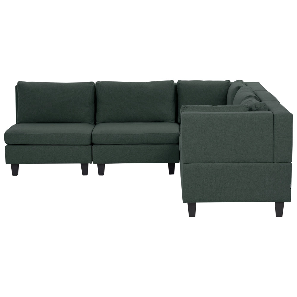 Divano componibile a 5 posti imbottito in tessuto verde scuro gambe nere lato sinistro stile moderno