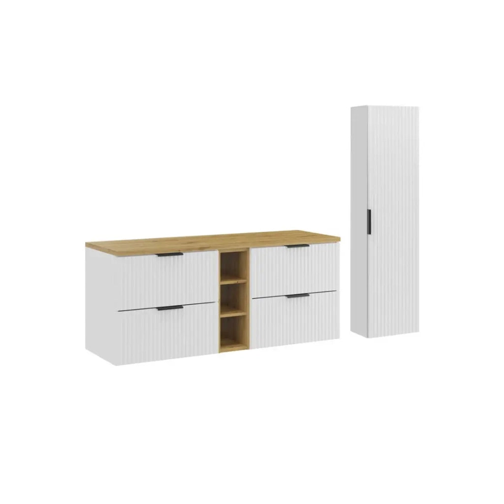 Set da bagno NOXERA 140 cm - Mobile sottolavello sospeso bianco alpino con piano per lavabo e contenitori