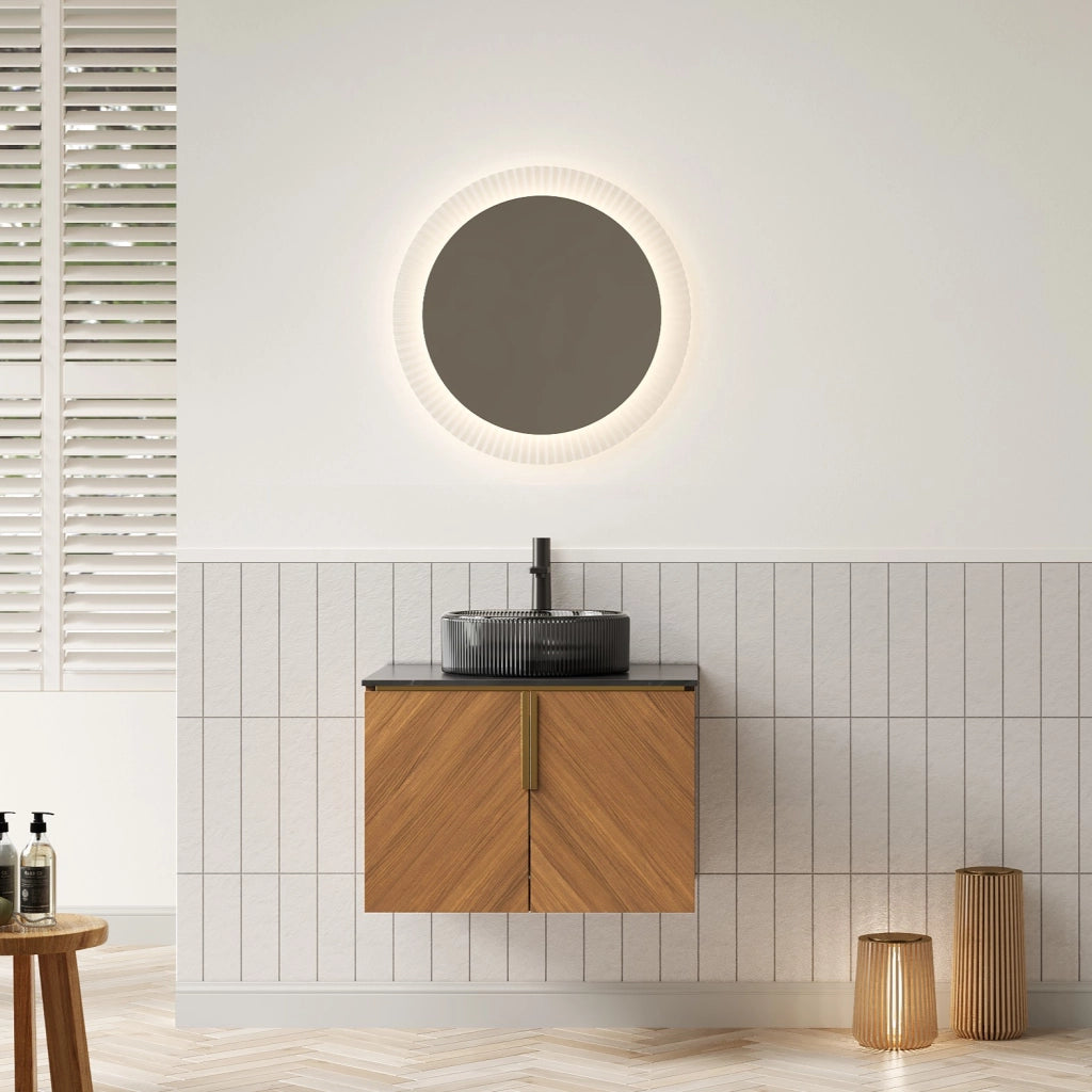 Mobile sottolavabo da bagno con lavabo rotondo in vetro nero, 2 ante e chiusura ammortizzata, nero e rovere 61 × 50 × 52,6 cm
