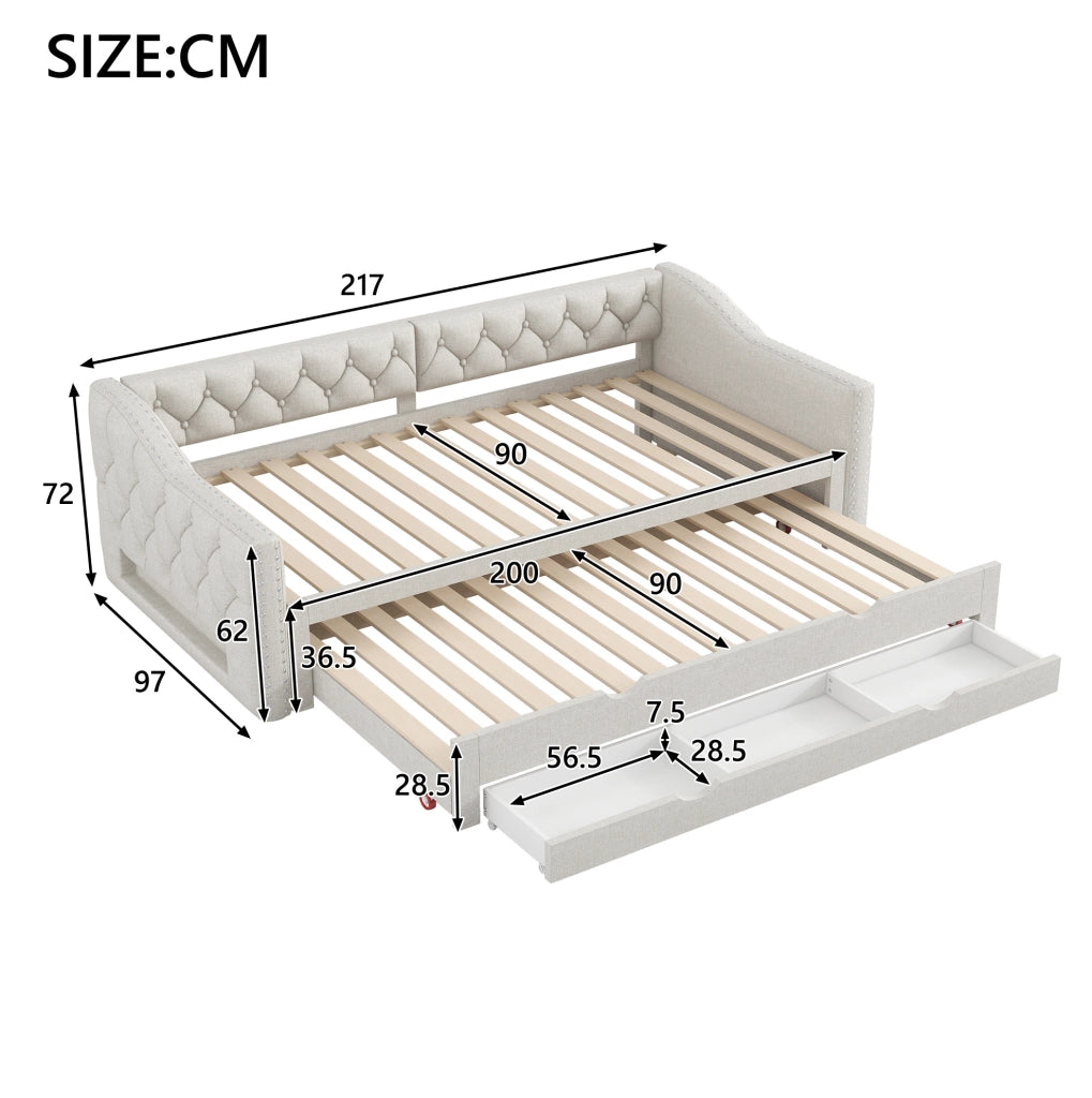 Letto da giorno 90x200 cm con LED; letto estraibile e cassetti in MDF e lino beige