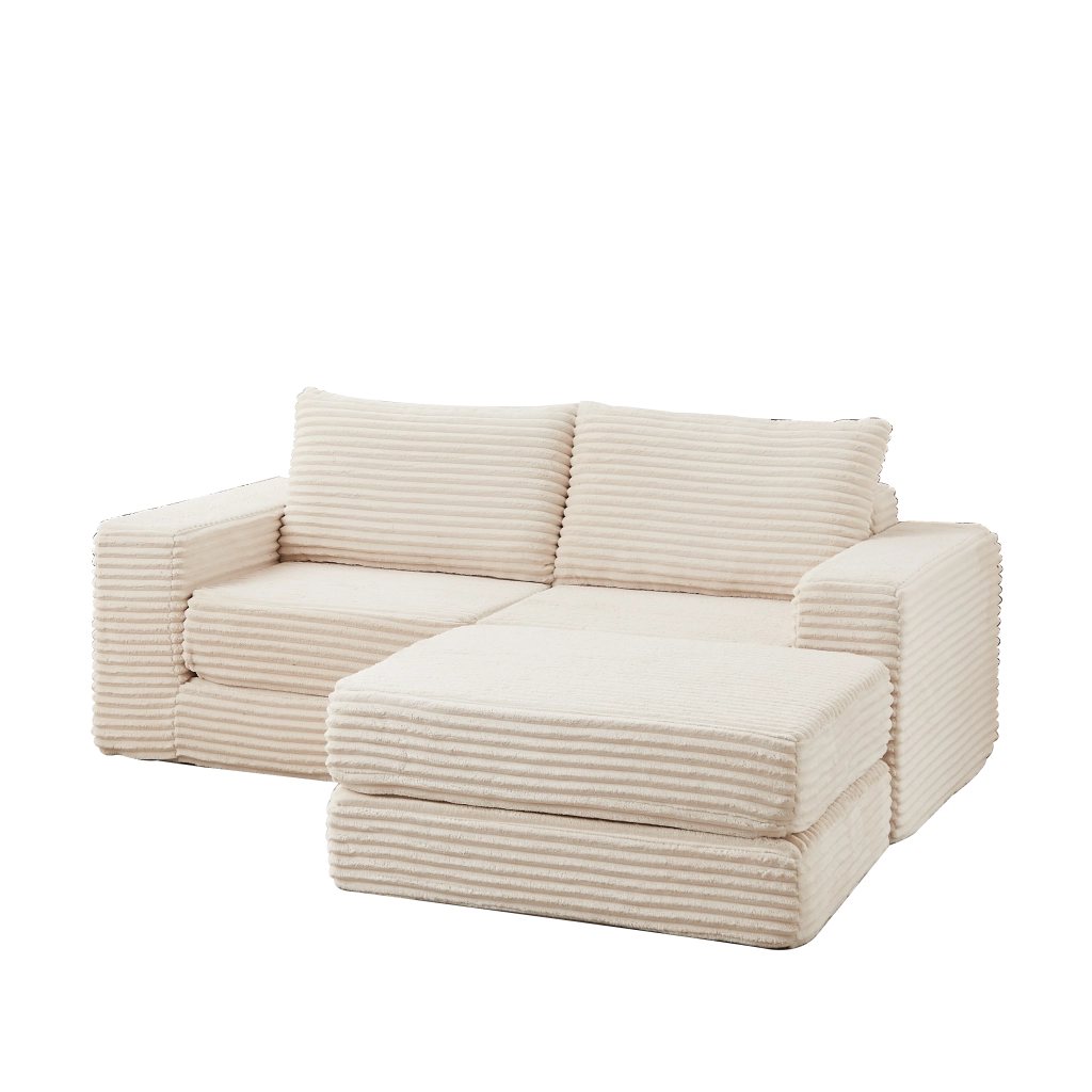 Divano letto modulare con pouf removibile e braccioli quadrati configurazione flessibile in velluto a coste beige