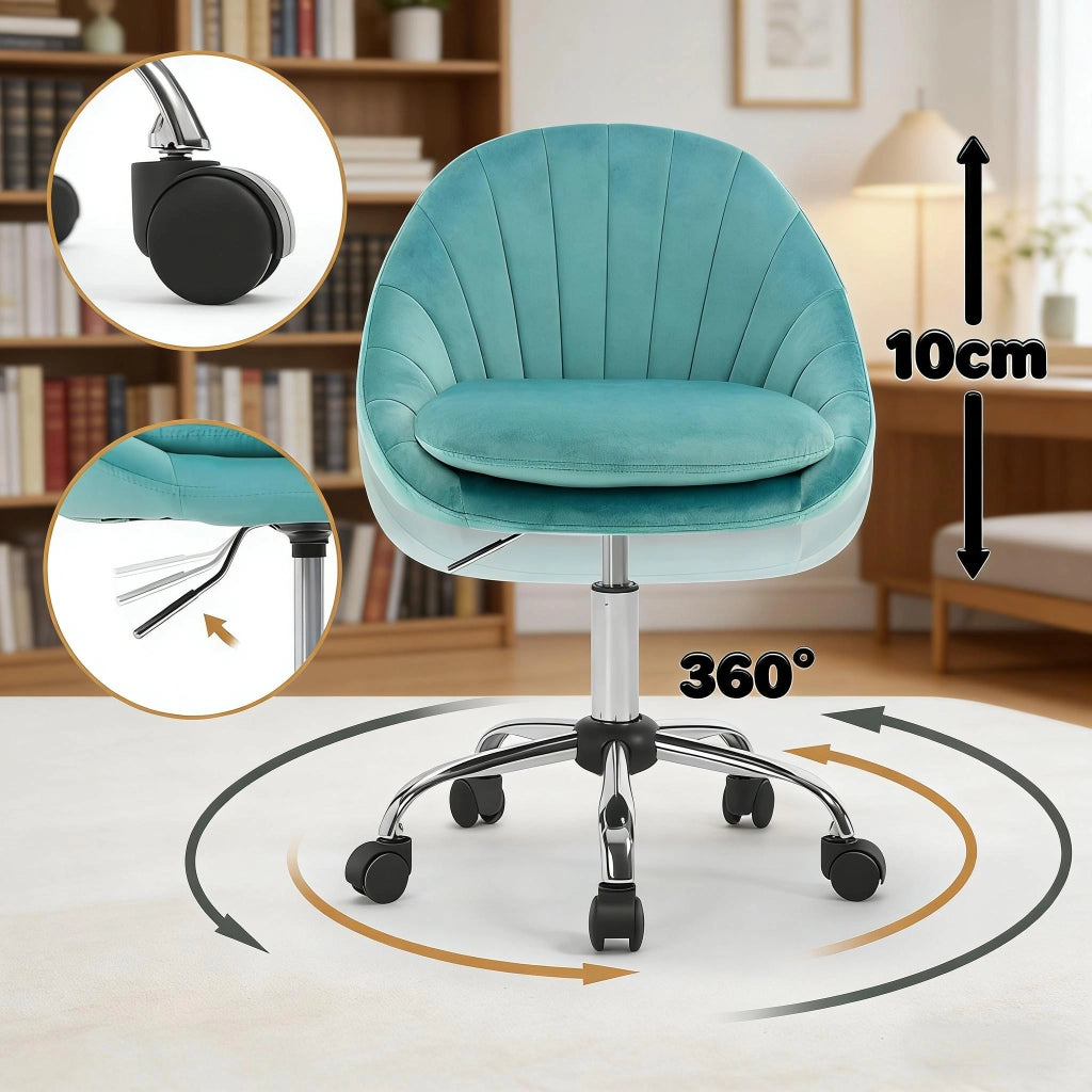 SEDIA Ufficio Ergonomica Girevole 52x72-82x52 cm Turchese in Velluto e Metallo