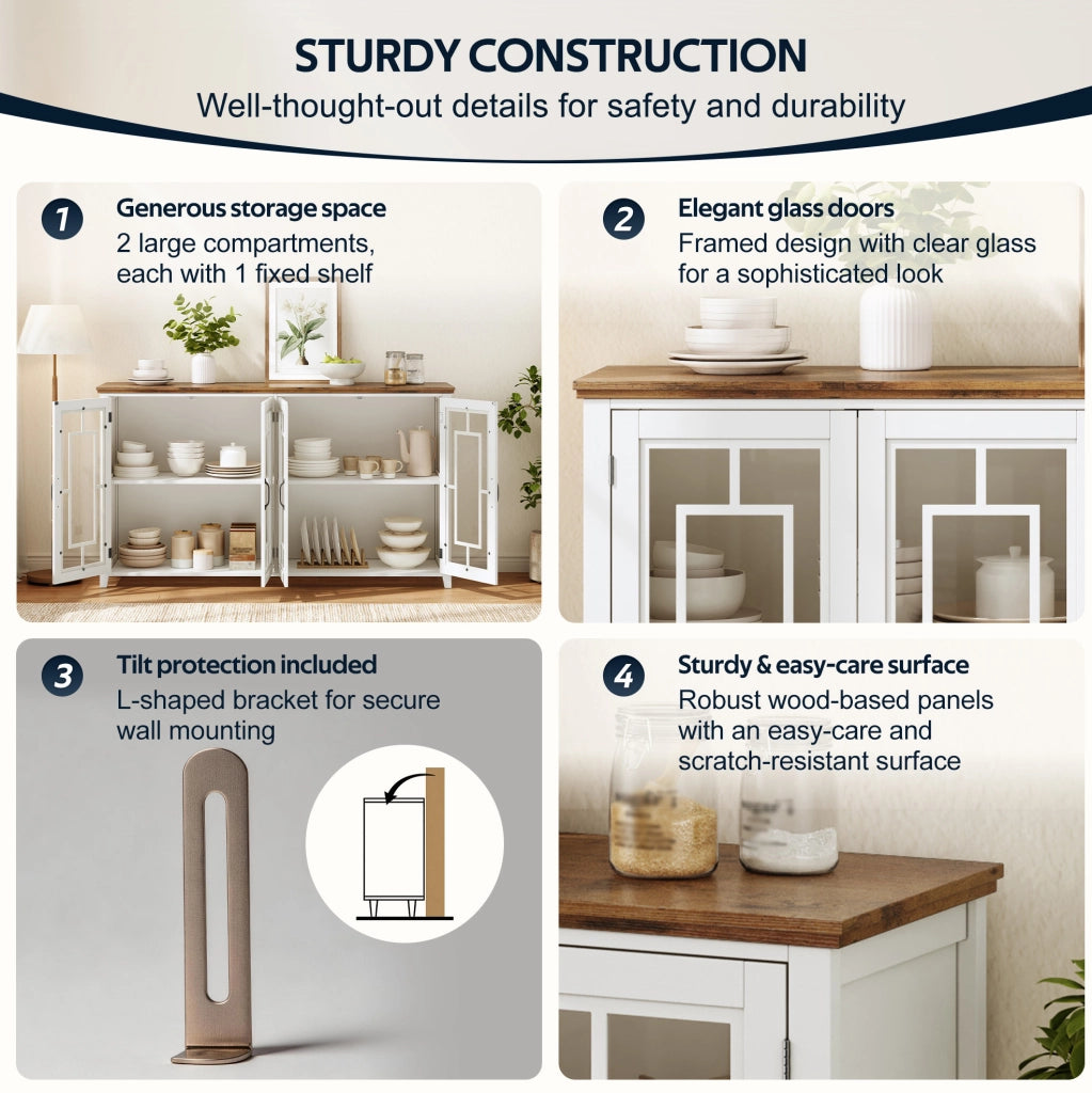 Sideboard cucina 160 cm con ante in vetro; MDF; bianco
