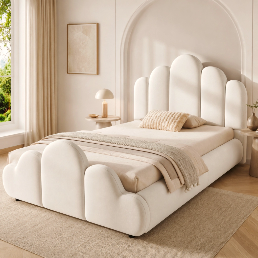 Letto singolo imbottito 90x200 cm in velluto beige; con rete inclusa e angoli arrotondati