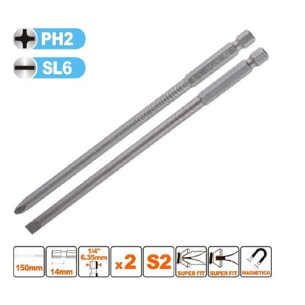 Trade Shop - Kit 2 Bits 150mm Gambo 1/4" 6.35mm Punta S2 Magnetica Croce Ph2 Taglio Sl6 57251 -