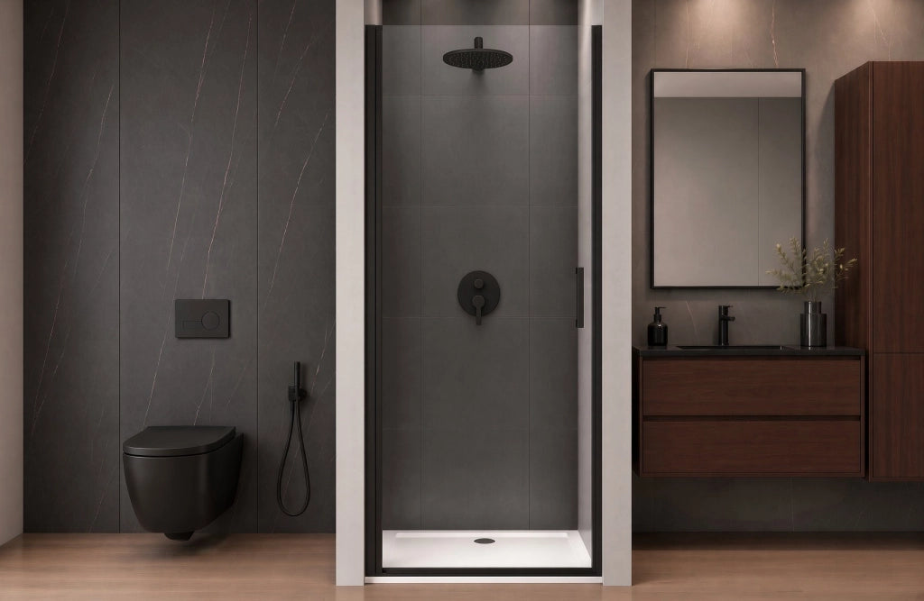 Box doccia 90 cm porta 1 BATTENTE nicchia H200 cm cristallo 6mm profilo NERO OPACO MILA