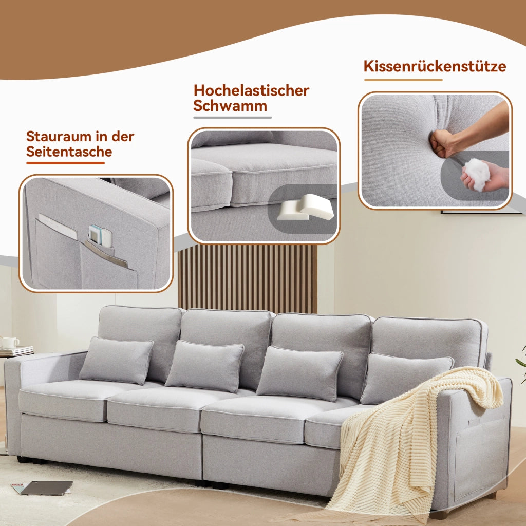 Divano Lineare 4 Posti con Tasche Laterali e 4 Cuscini Lombari, in Lino Grigio 264 × 83 × 87 cm