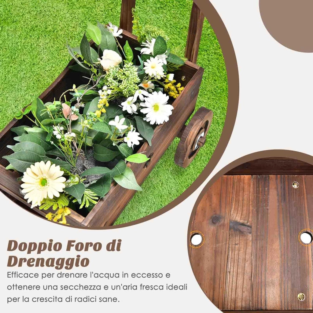 Fioriera da Esterno in Legno a Forma di Carrello, Carriola Portafiori con 4 Ruote, Maniglia e Foro di Drenaggio, Carrello Decorativo da Interno ed Esterno, per Patio, Giardino e Balcone